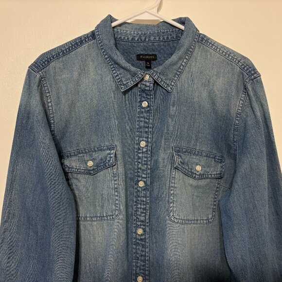 Talbots Women's Classic Blue Chambray Denim Button-Front Tab-Sleeve Shirt Top XL - Picture 3 of 11
